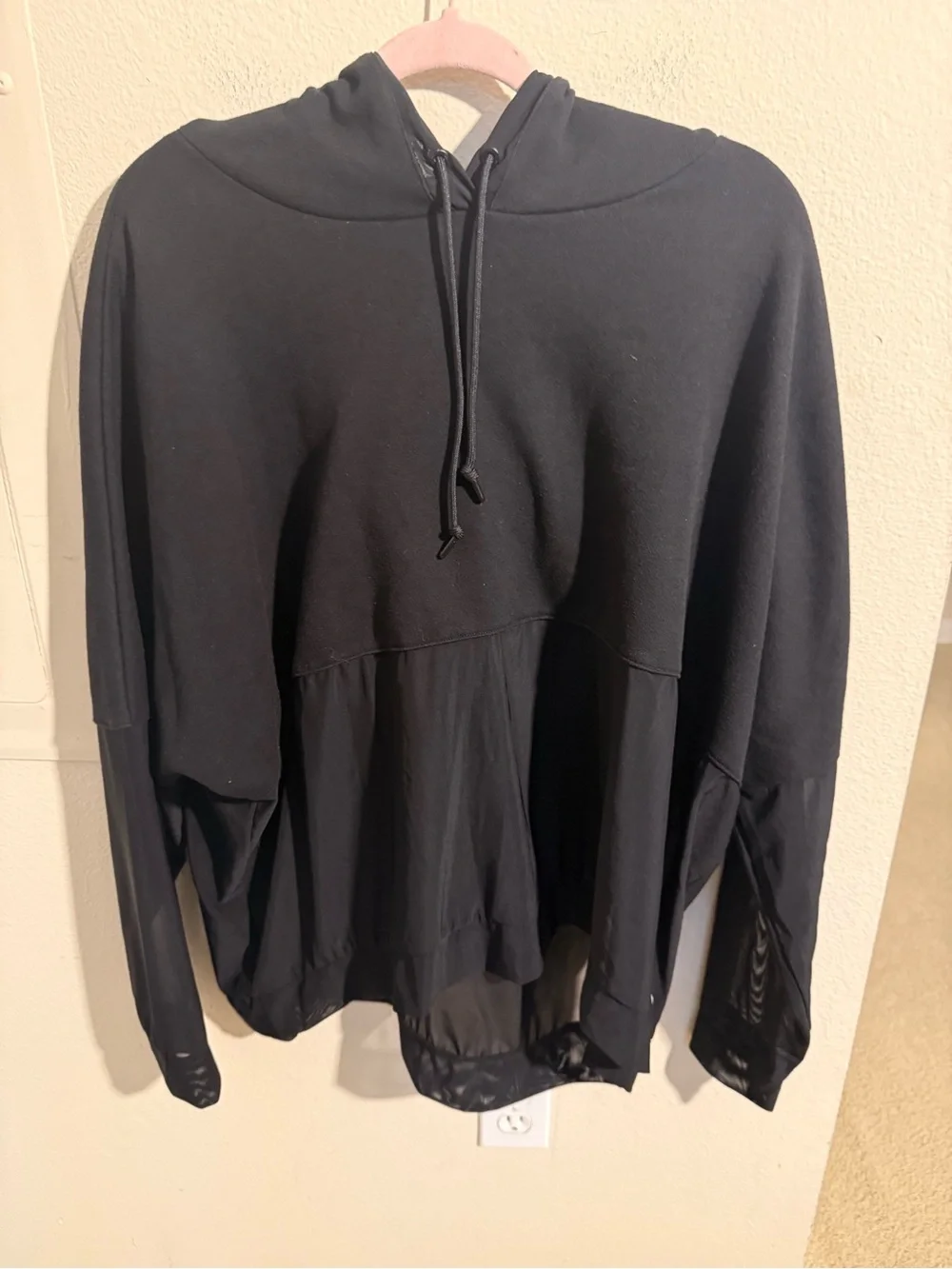 Alo Yoga Black Hooded Pullover Sweatshirt Mesh Hem Oversized Women’s Large